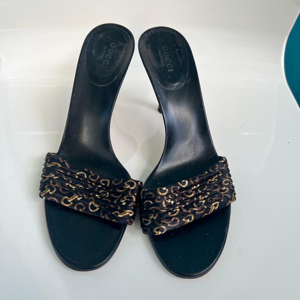 Auc Gucci Horsebit Vintage Print High Heel Mules
